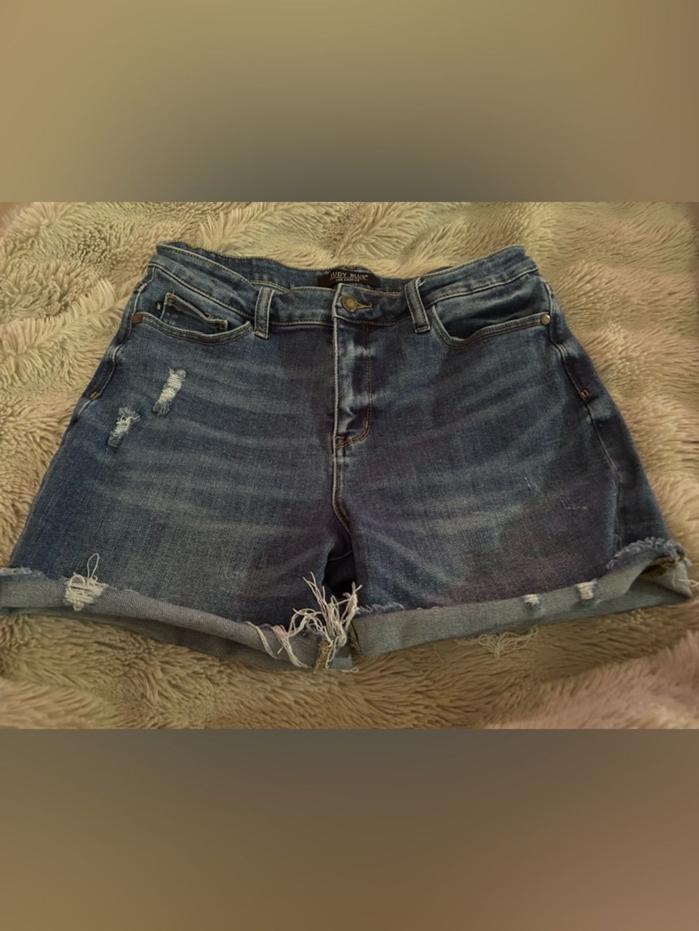 Judy Blue Medium Wash Denim Shorts with Leather Logo Patch